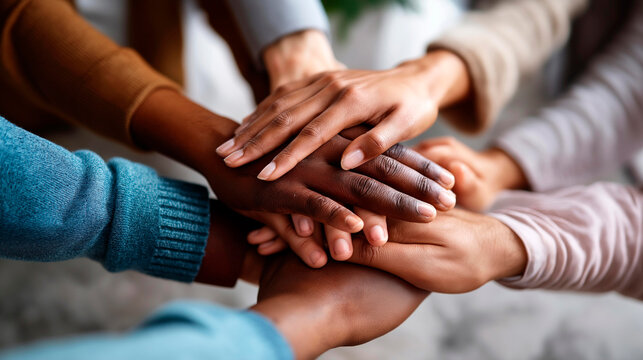 Overhead flat lay of many hands stacked one over another in unity on a clean bright surface team support group unity mental health solidarity collective healing hands