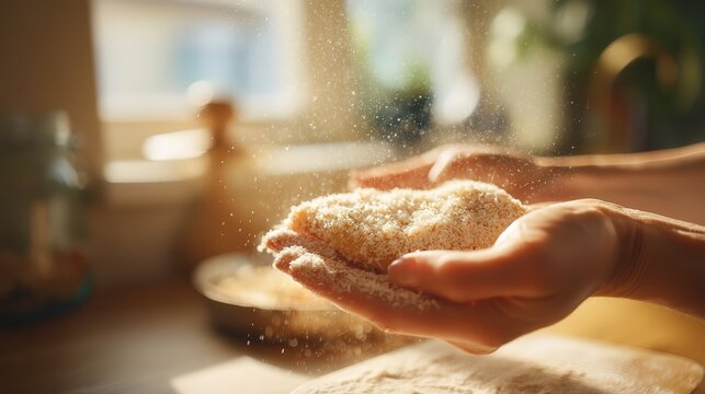 culinary techniques, hands gently coating a chicken cutlet with panko in a warm kitchen