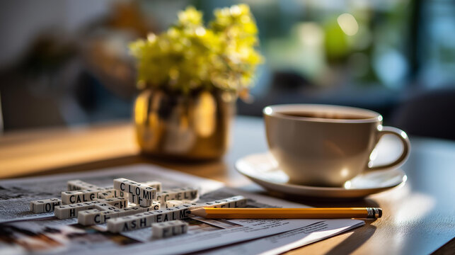 Overhead flat lay of a crossword puzzle with words like calm rest and heal partially filled on a clean bright table with a pencil wellness crossword mental health awareness