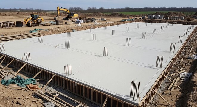 A freshly poured large concrete foundation slab at a construction site with steel reinforcement bars sticking out, with excavators in the background