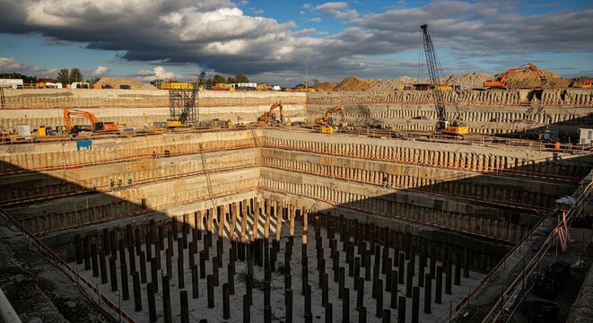 A large, deep construction pit for a building foundation with concrete piles at the bottom and heavy excavators working on the upper levels under a cloudy sky