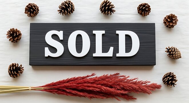Sold sign with pinecones and red grass on white background real estate concept with natural elements