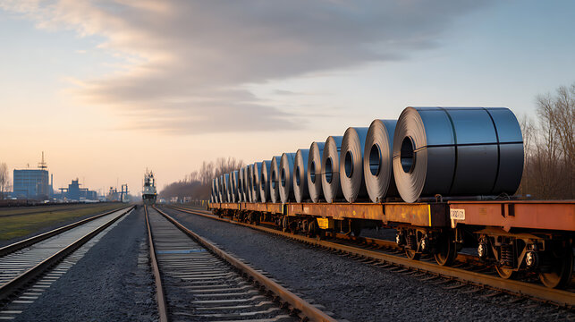 Long train of freight cars loaded with shiny steel coils on railway tracks, industrial transport and logistics scenic at sunset