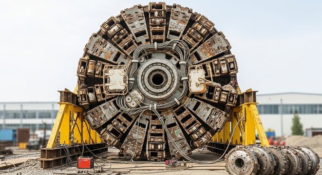 A massive circular cutting head of a tunnel boring machine (TBM) resting on a support frame in an industrial yard
