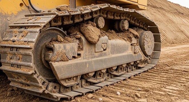 Close-up of heavy-duty metal tracks of a bulldozer or excavator covered in dirt and mud on a construction site
