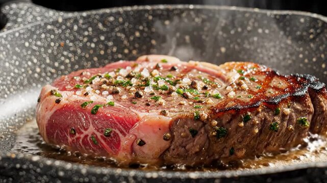 Raw seasoned steak searing and sizzling in a cast iron pan