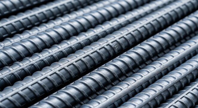 Detailed view of parallel steel rebar rods showing the textured ribbing pattern used for concrete grip