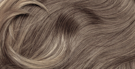 Fototapeta premium Brown hair close-up as a background. Women's long brown hair. Beautifully styled wavy shiny curls. Hair coloring. Hairdressing procedures, extension.