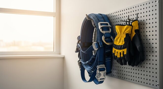 A blue safety climbing harness and black and yellow work gloves hanging on a wall organizer by a window