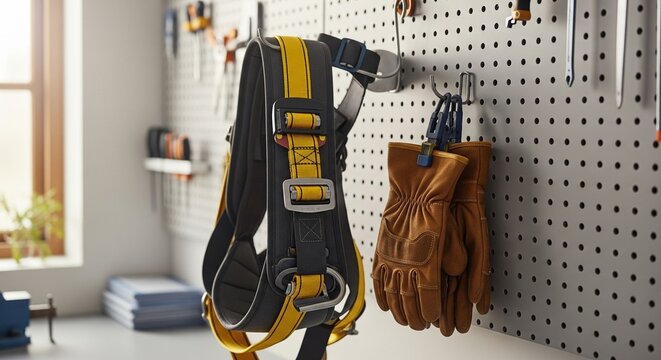 A safety harness and brown leather work gloves hanging on a white pegboard in an organized workshop
