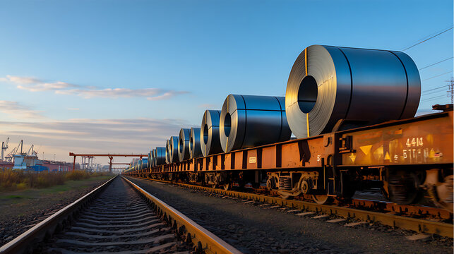 Industrial transport scene with a long train carrying large metal coils on railway tracks under a clear sky, showcasing a vital supply chain link