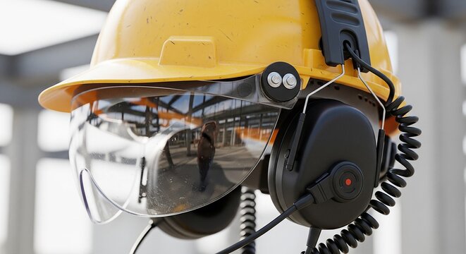 A close-up of a bright yellow construction helmet equipped with protective black earmuffs and a clear safety face shield reflecting a building site