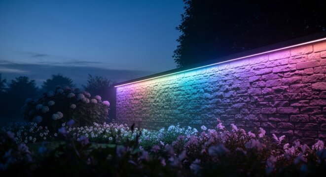 Evening scene of illuminated stone wall with colorful led lights outdoors