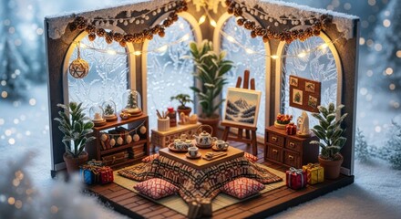 Fototapeta premium Miniature cozy room with winter scene inside a snow globe style structure
