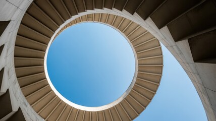 Fototapeta premium Bottom view of a modern concrete spiral staircase looking up at the blue sky