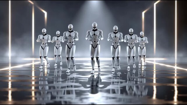 Group of futuristic robots performing a synchronized hip hop dance routine on a reflective stage with bright neon lights and smoke in a modern sci fi environment