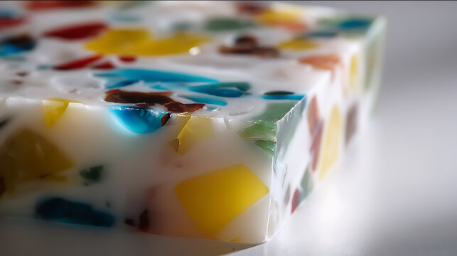 Colorful jelly dessert close-up showcases vibrant fruit pieces in a milky white base, highlighting texture and appealing hues for food displays