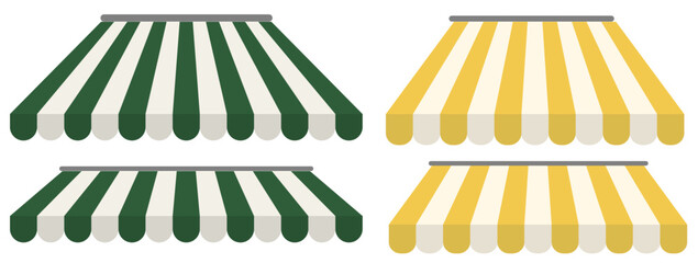 Realistic green, yellow striped awning marquee in different colours. Vector illustration on white background. Front view. © Cibula