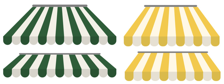 Realistic green, yellow striped awning marquee in different colours. Vector illustration on white background. Front view.