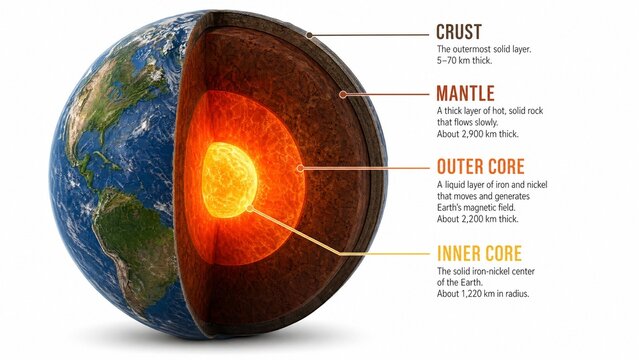 Scientific infographic illustrating Earth's internal structure, showing layers including crust, mantle, outer core, and inner core with thickness measurements and labels