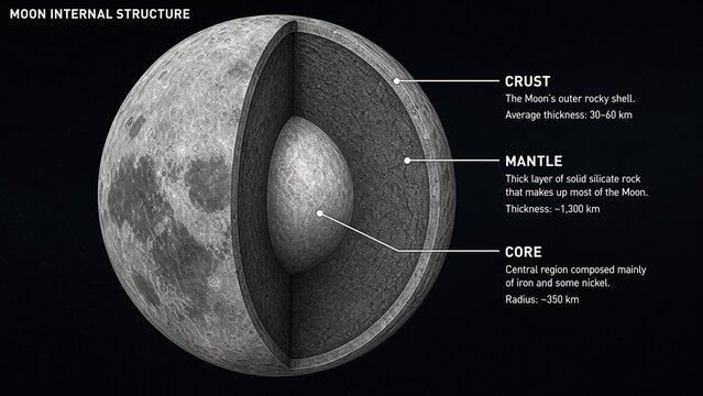 Moon internal structure infographic illustrating crust, mantle, and core layers with labeled thickness and composition details, set against a dark background for clarity