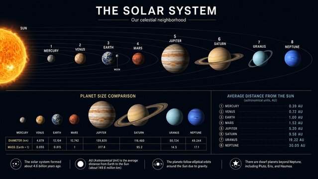 Scientific infographic illustrating the solar system with planets, sun, and size comparison, featuring average distances from the sun and planet details in a visually engaging layout
