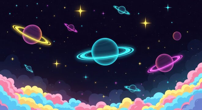 Colorful illustration of planets and stars in a vibrant night sky background