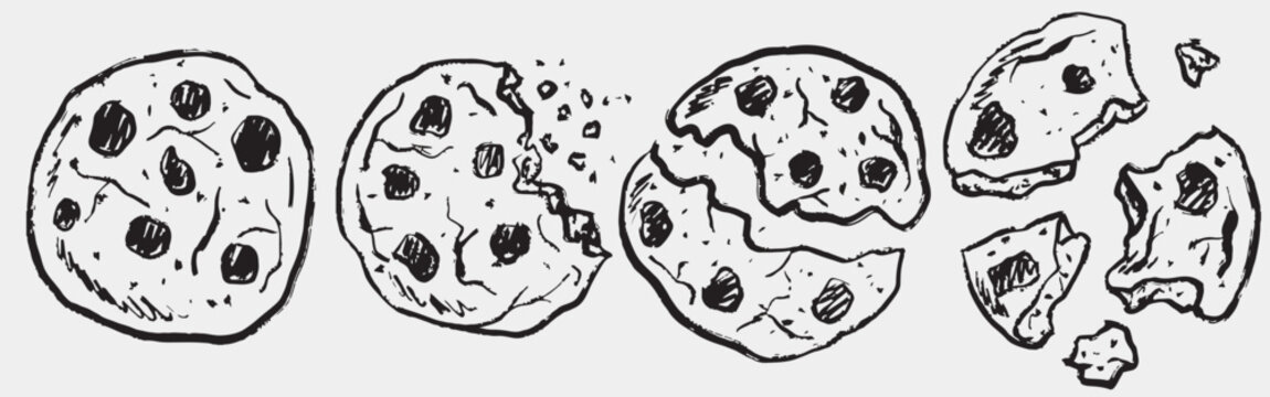Hand drawn collection of chocolate chip cookie being eaten. Vector sketch illustration in vintage crayon charcoal style, ideal for food storytelling, snack branding, culinary backgrounds