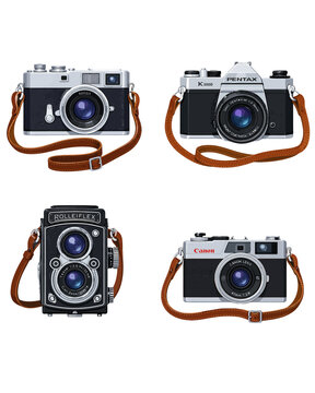 Vintage analog film cameras collection featuring professional gear with leather straps for photography enthusiasts who enjoy capturing memories using traditional equipment and manual focus
