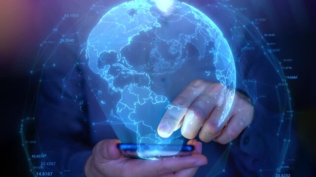 Man holding blue holographic globe with nodes connected around earth. Concept of global network connection, communication, fintech, data exchange, worldwide exchange of information and online banking.