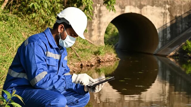 Environmental scientist testing water quality near concrete culvert