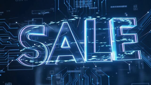 Bright SALE lettering in neon style over dark tech circuit background, concept of seasonal discount promotion