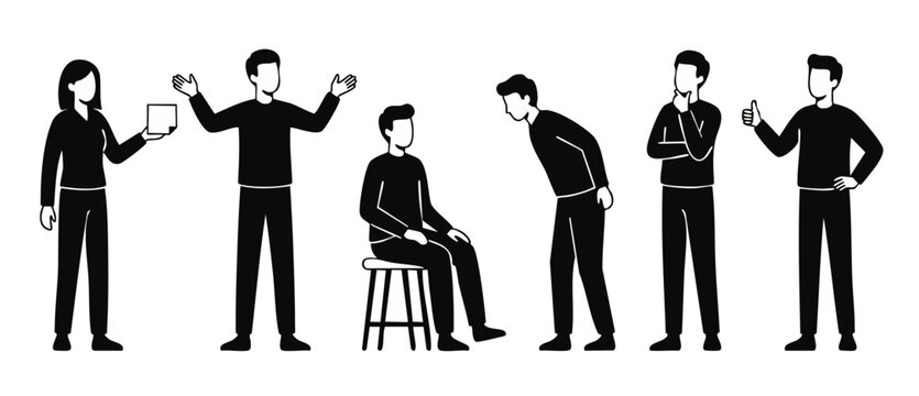 People Set Business Gestures Flat Vector Illustration for Corporate Communication and Office Interactions, Isolated Black and White Characters Showing Diverse Professional Body Language and Team Dynam