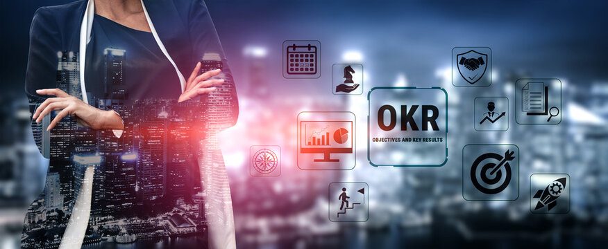 Businesswoman Overlooking City Skyline with OKR Icons Representing Objective Key Results in Modern Corporate Environment Fluxor.