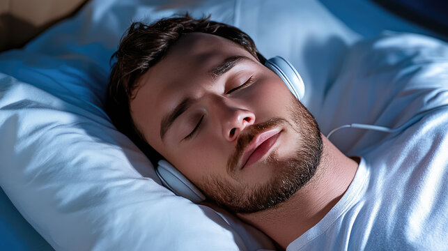 Young man finding peaceful sleep and ultimate relaxation using noise cancelling headphones, embracing bedtime audio for a calming night routine and rest mode