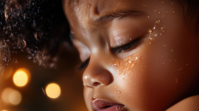 Child wrapped in textured fabric with furrowed brow and pouting lips, conveying deep sadness, vulnerability and quiet sorrow in a close up portrait against a dark background