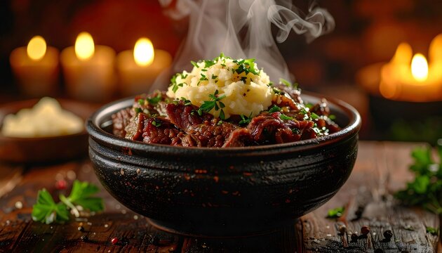 Steaming beef stew with mashed potatoes and cozy candlelit dinner