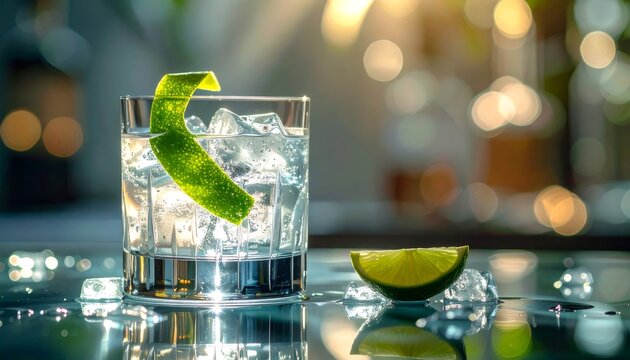 Refreshing gin and tonic cocktail with lime peel