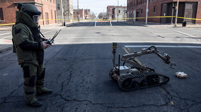 Bomb squad technician controlling robot for explosive disposal