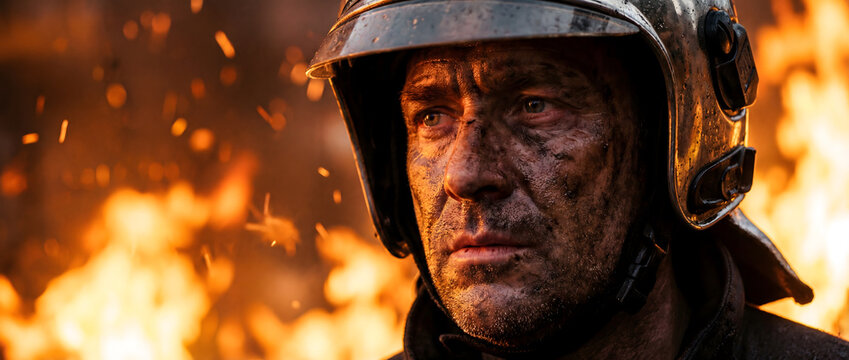 Firefighter battling blaze with determination and intense flames