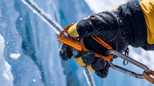 Hand using ascender breaking ice climbing gear
