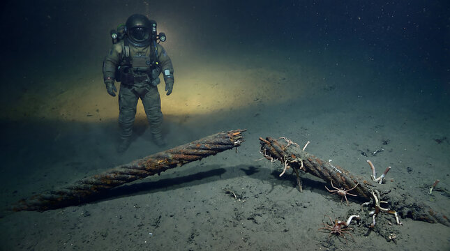 Deep sea diver exploring broken cable on ocean floor