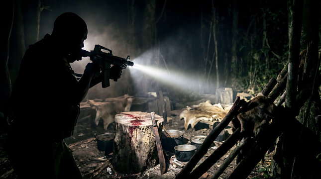 Soldier with rifle flashlight investigating illegal poaching camp