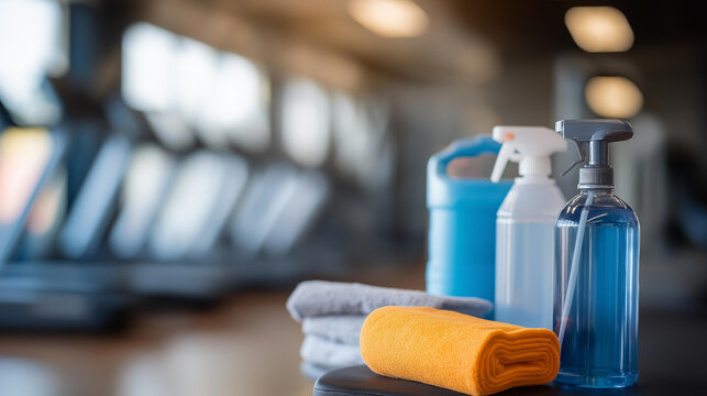 Gym cleaning concept featuring professional cleaning equipment and supplies ready for thorough sports facility maintenance. Defocused gym background. Gym cleaning concept, sports