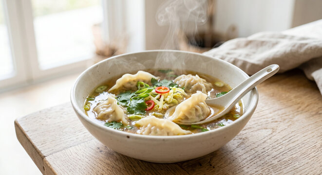 Cabbage Dumpling Soup with Steaming Minimalist Presentation