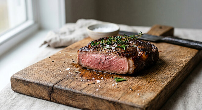 Beef tallow seared steak slice with herbs on board