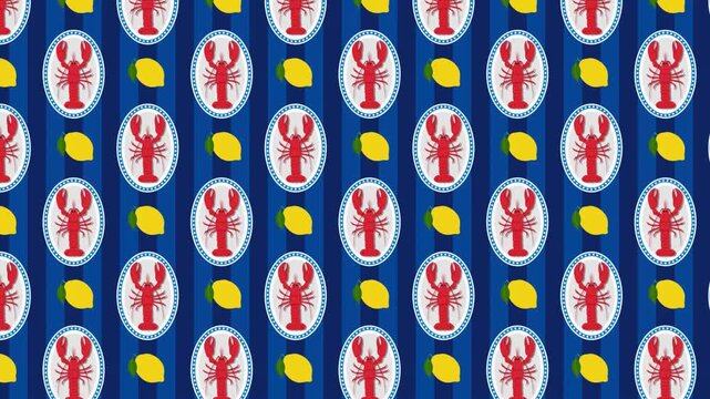 summer animated background with lemons and lobsters. mediterranean summer animated pattern with seafood, lemond and blue stripes