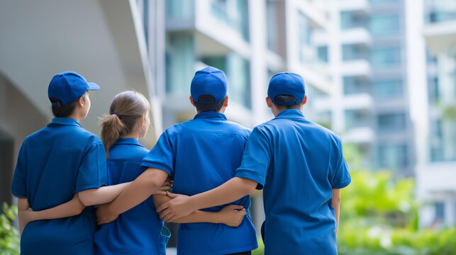 Faceless group of cleaners standing together in front of an apartment building representing a residential cleaning team service. Defocused apartment background. Group cleaners