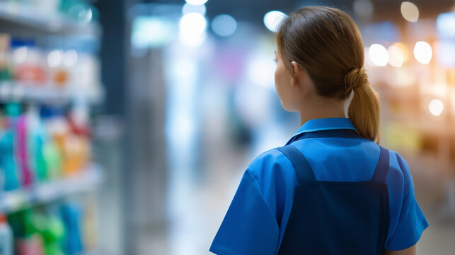 Faceless cleaning lady standing in front of supermarket shelves representing a cleaning service and household product availability concept. Defocused store background. Cleaning