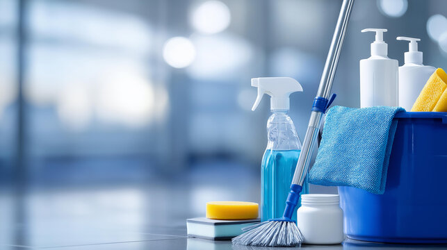 Clean and fresh cleaning concept featuring spotless results and professional equipment representing the highest standards of hygiene. Defocused background. Clean cleaning concept,